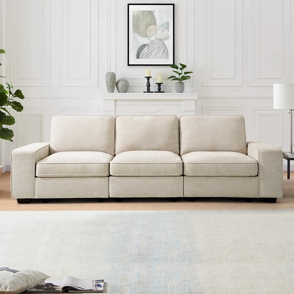 100" Modular Sofa Couch with Seats Storage, Comfy 3-Seater Chenille Fabric Sofa for Living Room, Office, Apart W/Deep Seat, Wide Arms, Side Pockets, Upholstered Couch W/Removable Cover, Beige