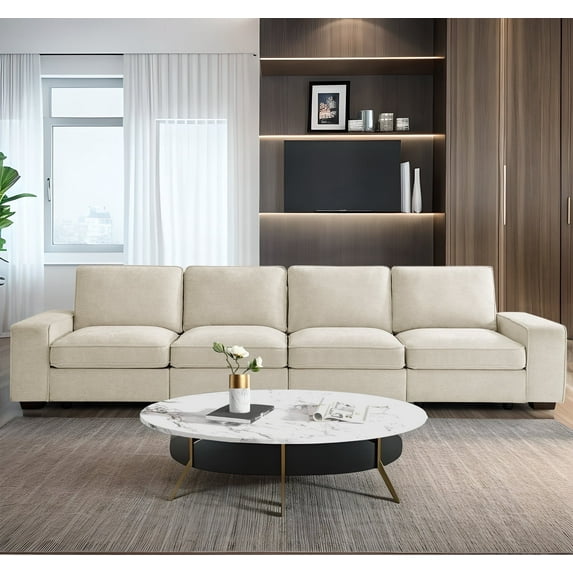MAEVIS 128" Modern Sofa, 4 Seater Modular Sectional Sofa for Living Room, with Metal Solid Wood Frame, High-Density Cotton Chenille Sleeper Bed, Beige