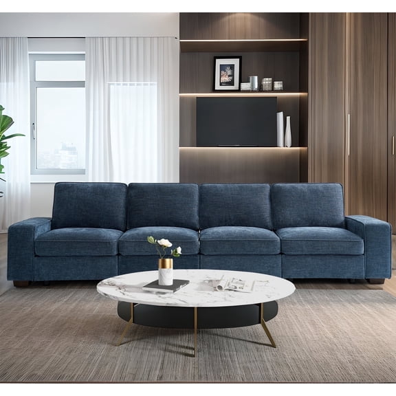 MAEVIS 128" Modern Sofa, 4 Seater Modular Sectional Sofa for Living Room, with Metal Solid Wood Frame, High-Density Cotton Chenille Sleeper Bed, Blue