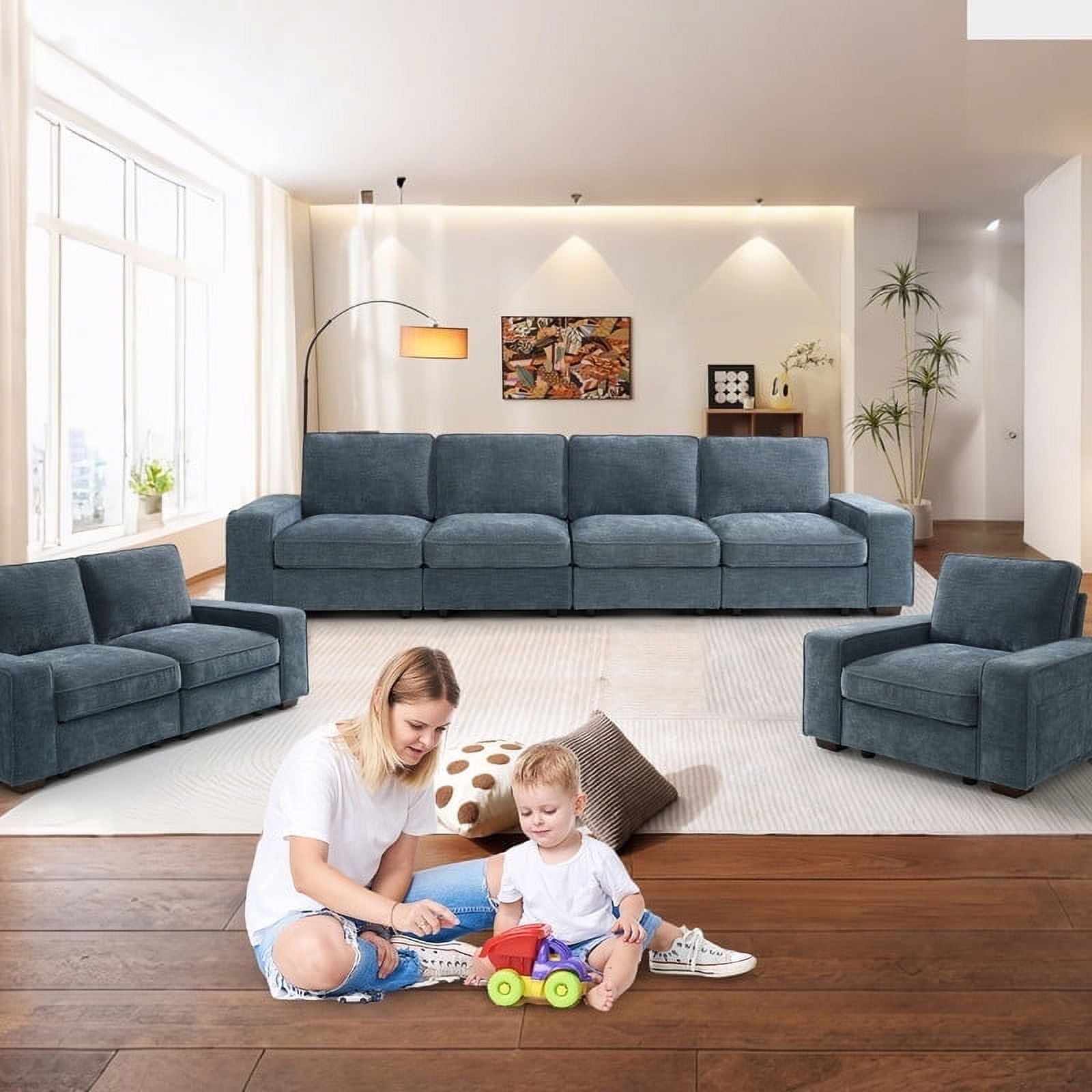 MAEVIS Blue U Shape Sectional Sofa for Living Room/Office 7 Seater Sofa ...