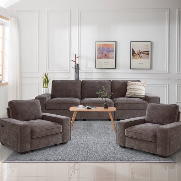 MAEVIS Modern Modular Chenille Sectional Sofa with Storage Space and Detachable Cover and Solid Wood Fame 3-Seat Modular Sectional Sofa & 2-Piece Armchair,Darkgrey