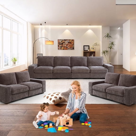 MAEVIS Modern Modular Chenille Sectional Sofa with Storage Space and Detachable Cover and Solid Wood Fame 4-Seat Modular Sectional Sofa & 2 Loveseats, Darkgrey