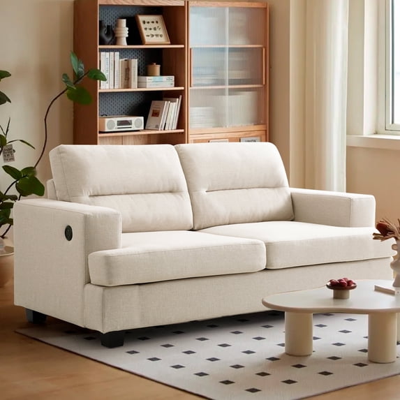 MAEVIS Modern Solid Print Imitation Cotton and Linen Sofa, Loveseat with Removable Cushions, USB, Beige