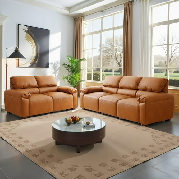 MAEVIS PU Faux Leather Sofa Set, 5 Seats Couch, 2 Piece With Deep Seats, 3 Seater & Loveseat for Living Room, Mid-Century Modular Modern Oversized Couch, (Brown,3+2)