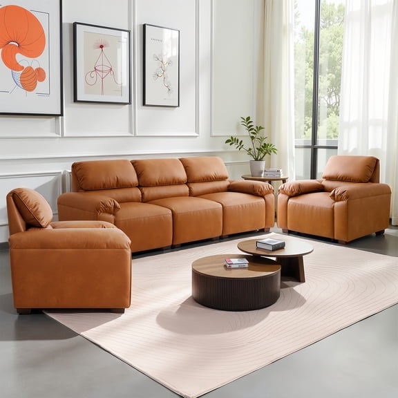 MAEVIS PU Faux Leather Sofa Set, 5 Seats Couch, 3 Piece With Deep Seats, 3 Seater & 2 Armchairs for Living Room, Mid-Century Modular Modern Oversized Couch, (Brown,3+1+1)