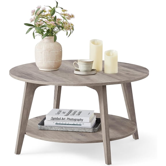 MAEZO Collection - Round Coffee Table, 2-Tier Center Table with Storage, Tapered Legs, Curved Transitions, 31.5 Dia. x 17.7 H Inches, Easy Assembly, for Living Room, Heather Greige ULCT243K02