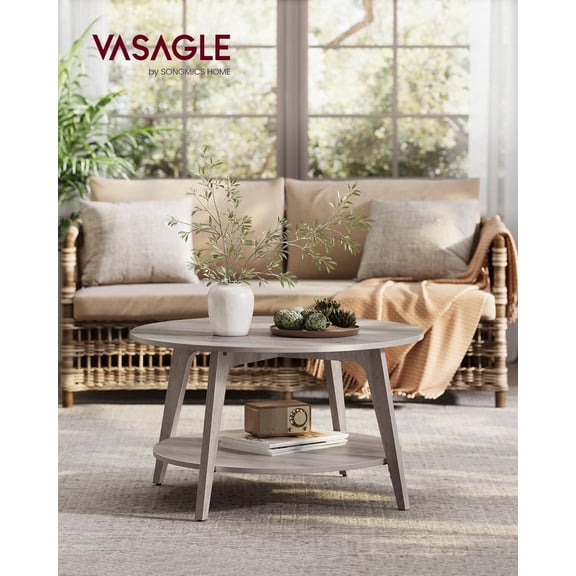 MAEZO Collection Round Coffee Table with Storage, 2-Tier Center Table, Tapered Legs, Curved Transitions, 31.5 Dia x 17.7 H Inches, Easy Assembly for Living Room, Heather Greige