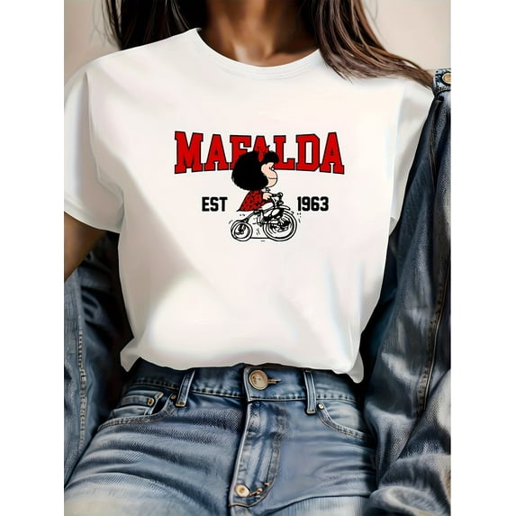 MAFALDA EST 1963 Graphic Tee for Women - Vibrant Pink Casual Summer T-Shirt, Slim Fit, Round Neck, Short Sleeve, Machine Washable