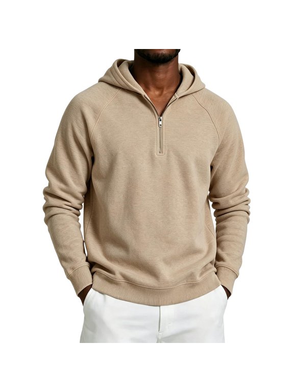 Men's Quarter Zip Hooded Sweatshirt, Solid Color Raglan Sleeves Casual Long Sleeves Hoodie Pullover