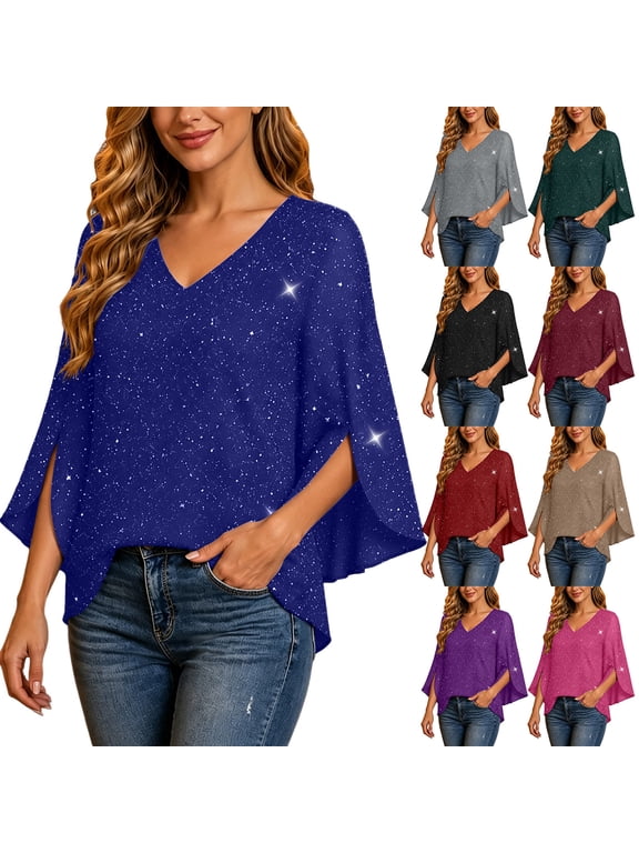 V-Neck Blouse for Women, Glitter Split Flared 3/4 Slit Sleeve Mesh Top Casual Evening Party Shirt for Dating Party S‑3XL