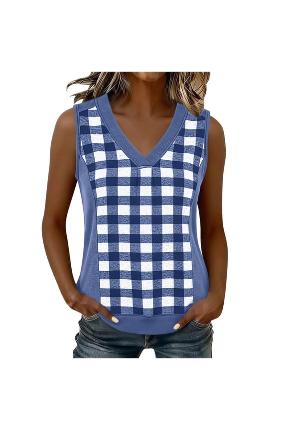 Women's Buffalo Plaid Panel Tank Top V-Neck Solid Color Spring Casual Tops for Everyday Wear S-XXL