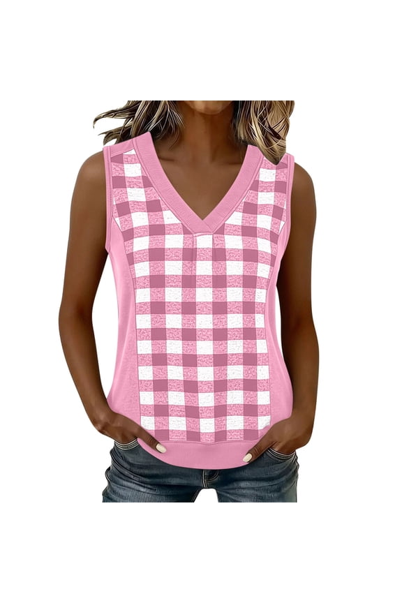 Women's Buffalo Plaid Panel Tank Top V-Neck Solid Color Spring Casual Tops for Everyday Wear S-XXL