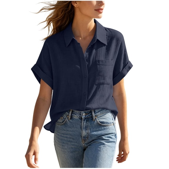 MAFYTYTPR Women's Crinkle Cotton Button-Down Shirt with Chest Pocket Short Sleeve Spread Collar Spring Summer Casual Tops for Everyday Wear S-XXL