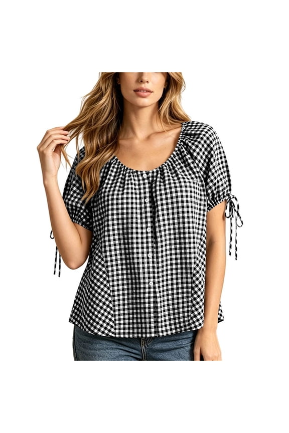Women's Gingham Print Tie Sleeve Blouses Round Neck Short Sleeve Spring Summer Casual Tops for Everyday Wear S-XXL