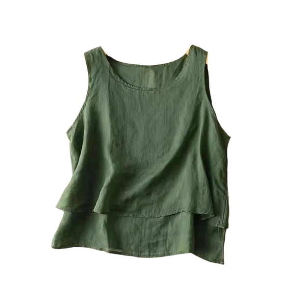 MAFYTYTPR Women's Linen Blend Double Layer Ruffle Hem Tank Top Round Neck Solid Color Spring Summer Casual Tops for Everyday Wear M-3XL Plus Size