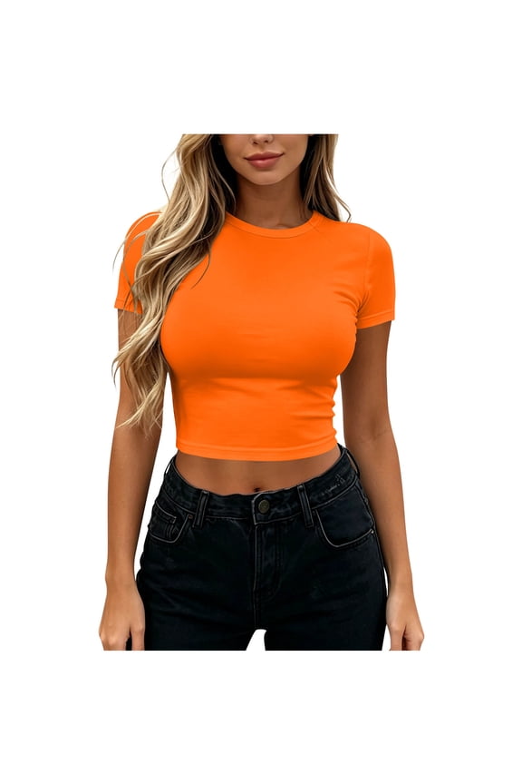 Women's Midriff-baring Solid Color Cropped Round Neck Short Sleeve Spring Summer Casual Tops for Everyday Wear S-XL