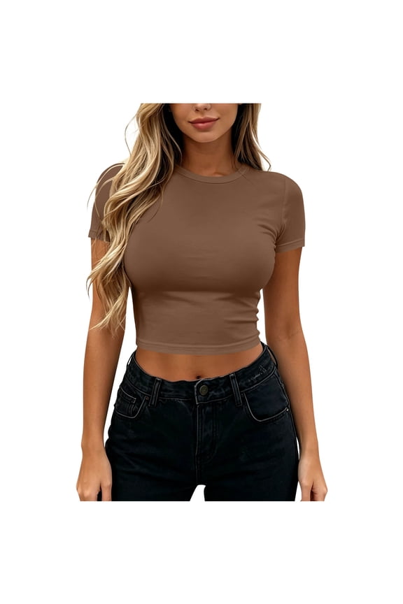 Women's Midriff-baring Solid Color Cropped Round Neck Short Sleeve Spring Summer Casual Tops for Everyday Wear S-XL