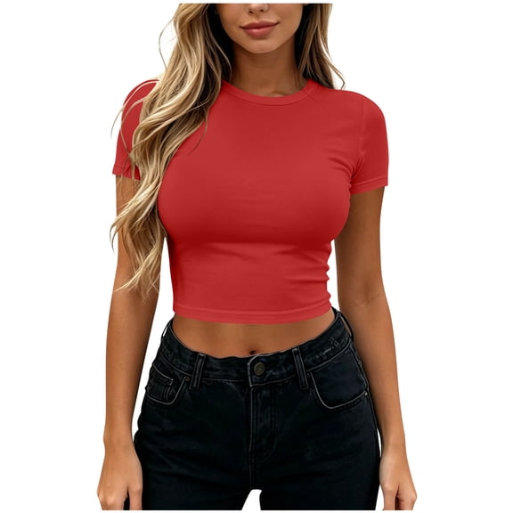 MAFYTYTPR Women's Midriff-baring Solid Color Cropped Round Neck Short Sleeve Spring Summer Casual Tops for Everyday Wear S-XL