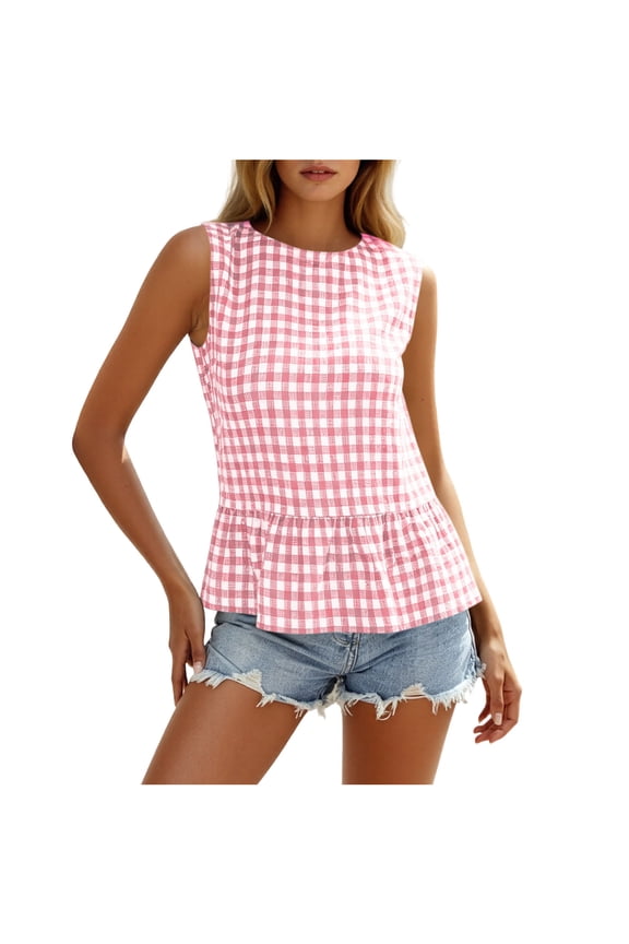 Women's Plaid Peplum Hem Round Neck Tank Tops Spring Summer Casual Tops for Everyday Wear 1PC S-XXL