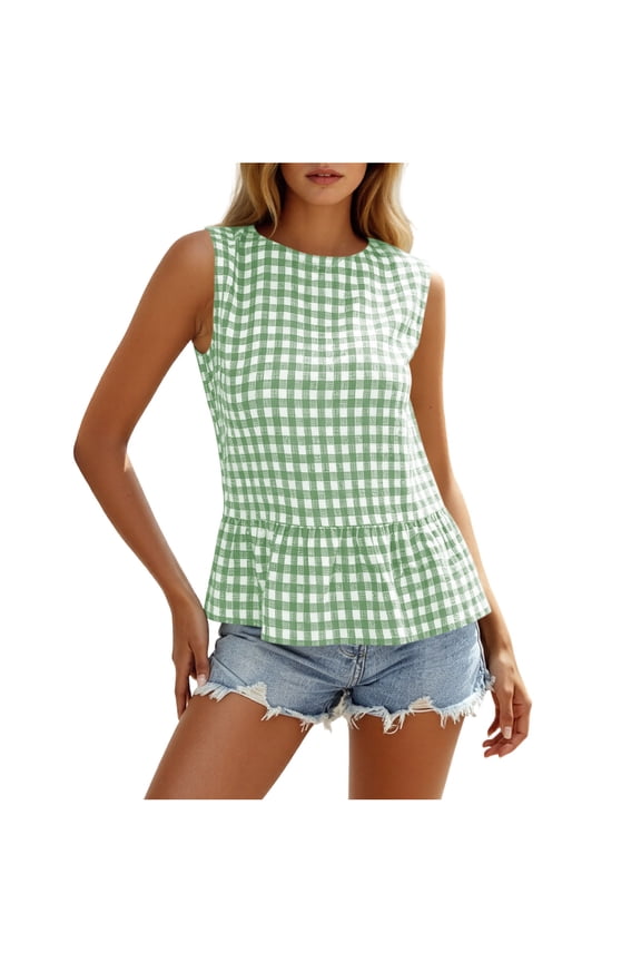 Women's Plaid Peplum Hem Round Neck Tank Tops Spring Summer Casual Tops for Everyday Wear 1PC S-XXL
