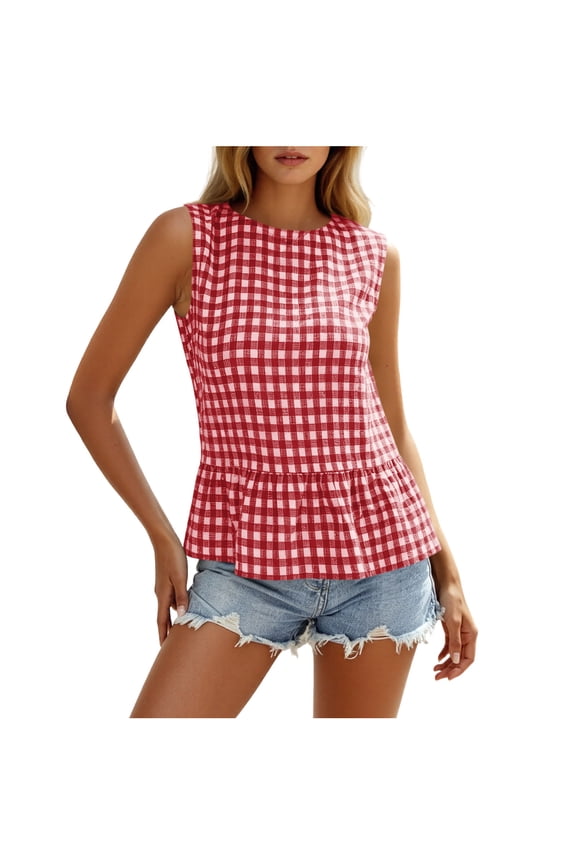 Women's Plaid Peplum Hem Round Neck Tank Tops Spring Summer Casual Tops for Everyday Wear 1PC S-XXL