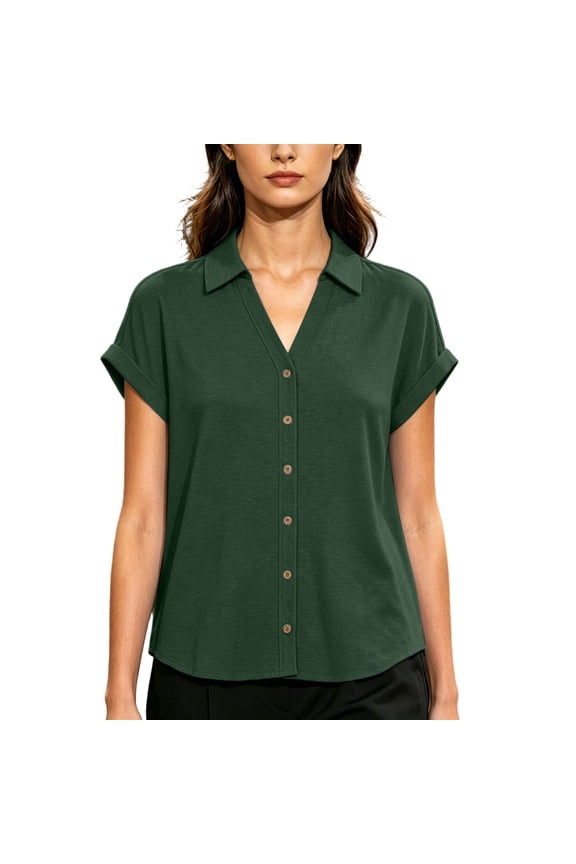 Women's Polyester Blend Collared Rolled Cuff Short Sleeve Button Down Blouse Solid Color Spring Summer Casual Tops for Everyday Wear S-XXL
