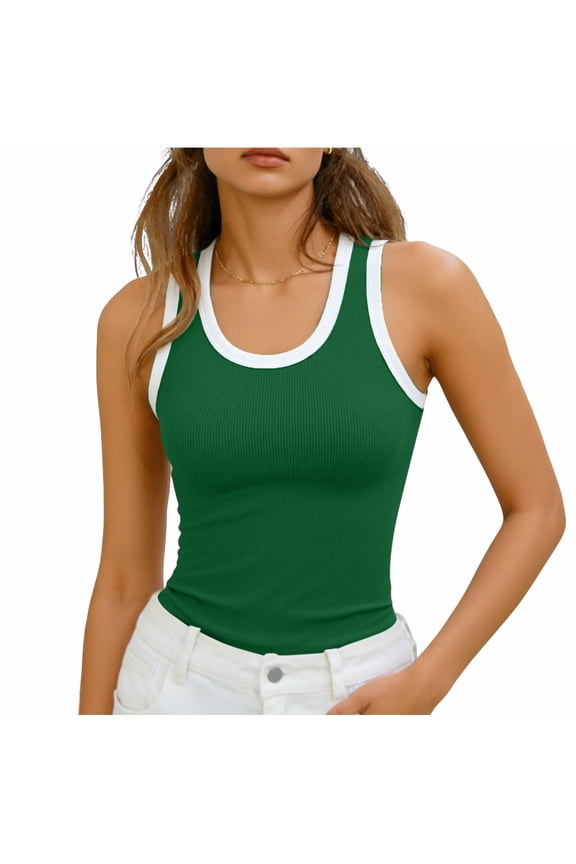 Women's Ribbed U-Neck Contrast Trim Fitted Tank Tops Spring Summer Casual Cami for Everyday Wear 1PC S-XXL