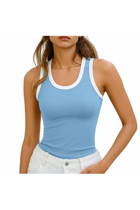 Women's Ribbed U-Neck Contrast Trim Fitted Tank Tops Spring Summer Casual Cami for Everyday Wear 1PC S-XXL