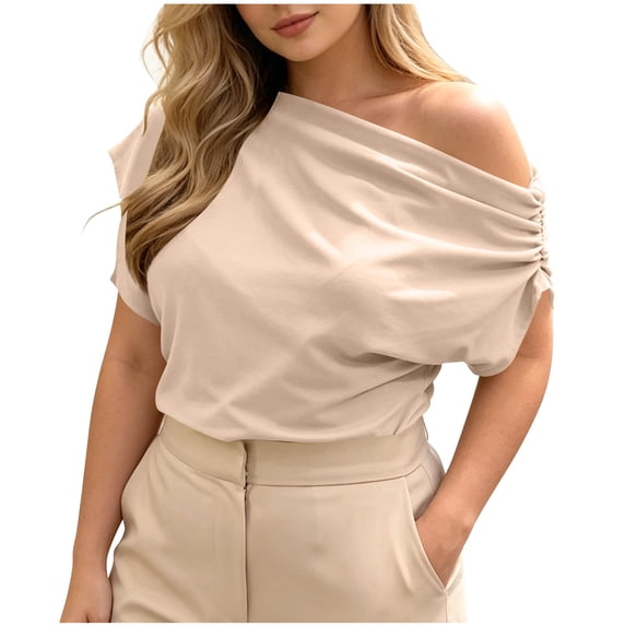 MAFYTYTPR Women's Off The Shoulder Asymmetrical Neck Polyester Short Sleeve Tops Spring Summer Solid Color Casual T-Shirts for Everyday Wear 1PC M-XXL