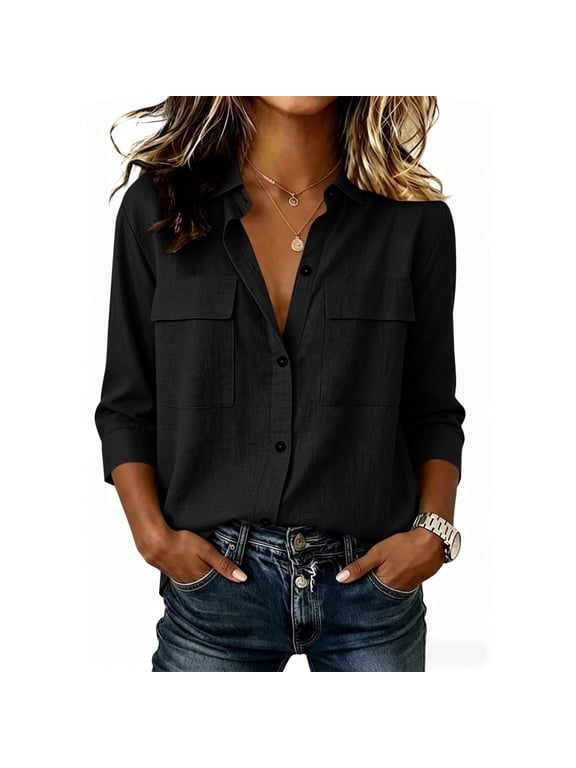 Women's Solid Color Button Up Collared 3/4 Sleeve Polyester Blouses Spring Summer Casual Tops for Everyday Wear S-XXL