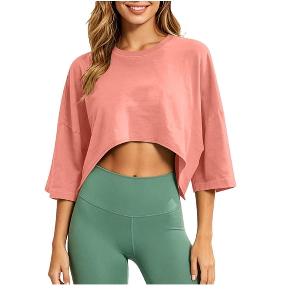 MAFYTYTPR Women's Solid Color Cropped 3/4 Sleeve Crew Neck Polyester T-Shirts Spring Summer Casual Crop Tops for Everyday Wear S-XXL