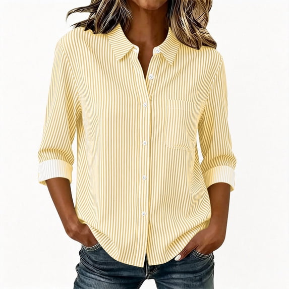 MAFYTYTPR Women's Striped Button-Down Shirt Spring Summer 3/4 Roll-Up Sleeve Casual Tops for Everyday Wear XS-XXL