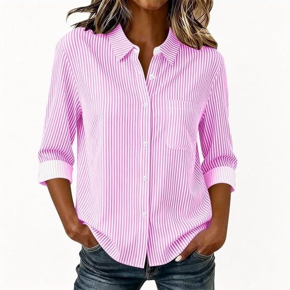 MAFYTYTPR Women's Striped Button-Down Shirt Spring Summer 3/4 Roll-Up Sleeve Casual Tops for Everyday Wear XS-XXL