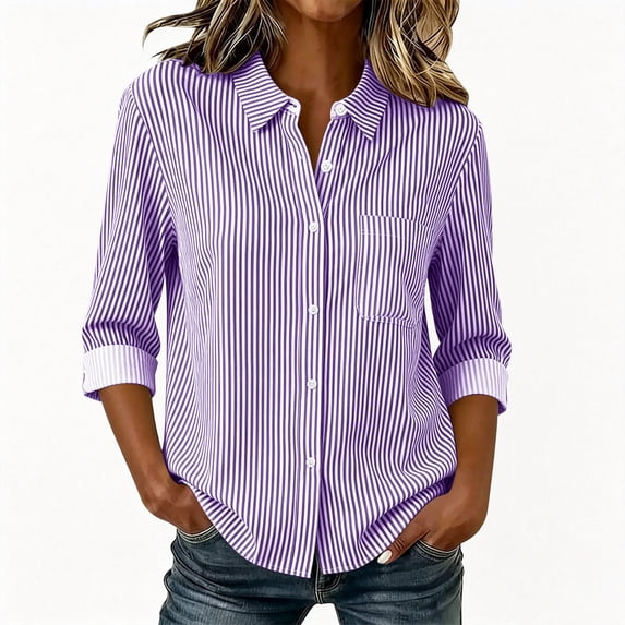 MAFYTYTPR Women's Striped Button-Down Shirt Spring Summer 3/4 Roll-Up Sleeve Casual Tops for Everyday Wear XS-XXL