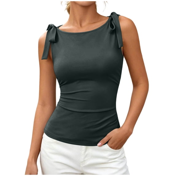 MAFYTYTPR Women's Tie Shoulder Boat Neck Tank Tops Spring Summer Solid Color Fitted Casual Tops for Everyday Wear 1PC S-XXL