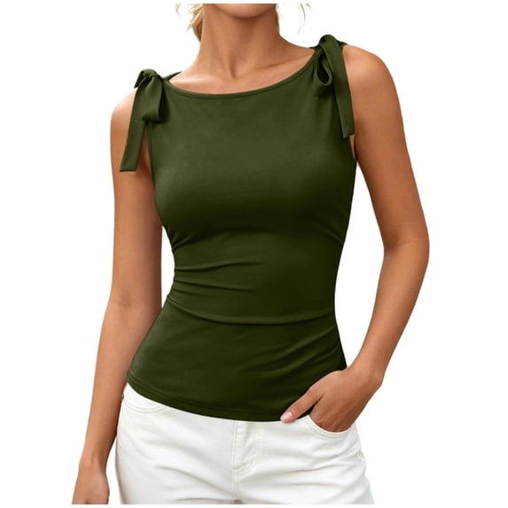 MAFYTYTPR Women's Tie Shoulder Boat Neck Tank Tops Spring Summer Solid Color Fitted Casual Tops for Everyday Wear 1PC S-XXL