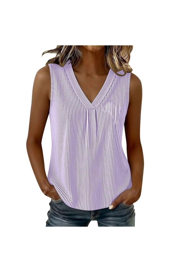 Women's Vertical Striped V-Neck Pleated Tank Tops Spring Summer Casual Tops for Everyday Wear S-XXL