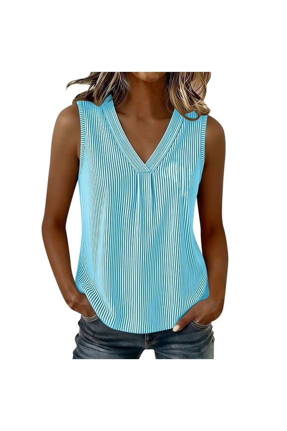 Women's Vertical Striped V-Neck Pleated Tank Tops Spring Summer Casual Tops for Everyday Wear S-XXL