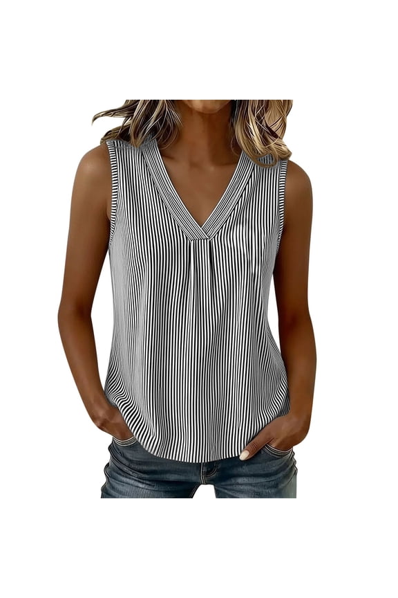 Women's Vertical Striped V-Neck Pleated Tank Tops Spring Summer Casual Tops for Everyday Wear S-XXL