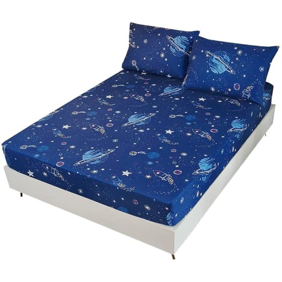 MAG 3 Pcs Bedding Sheet Set,Space Galaxy Planets Stars Queen Sheet Set,for Kids Teens Boys Girls and Space-Lovers,Microfiber with 1 Fitted Sheet 14'' Deep Pocket and 2 Pillowcases.
