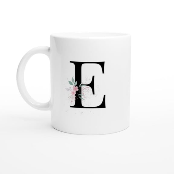 -MAG Floral Monogram Letter E Mug oz Eleganeramic Mug Pernalized Initial Coffee Mug Minimal and Feminine Design.