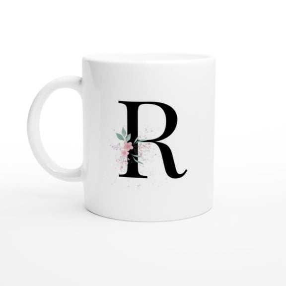 -MAG Floral Monogram Letter R Mug oz Eleganeramic Mug Pernalized Initial Coffee Mug Minimal and Feminine Design.