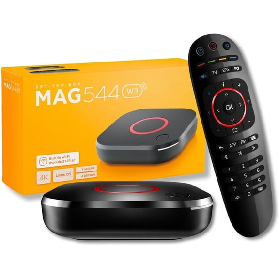MAG544w3 TV Set-Top Box - 4K HDR TV Streaming Device with Amlogic S905Y4 Chipset, 1GB DDR4 RAM, 4GB Flash Memory, Dolby Digital Plus, Linux 4.9, Dual-Band WiFi, USB 2.0, HDMI Cable and Remote