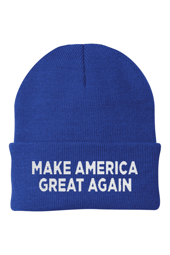 MAGA Embroidered Acrylic Beanie, 12" Solid Cuffed Patriotic Political Knit Cap for Men & Women