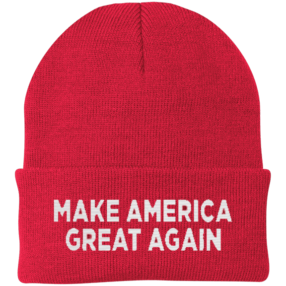 MAGA Embroidered Acrylic Beanie, 12" Solid Cuffed Patriotic Political Knit Cap for Men & Women
