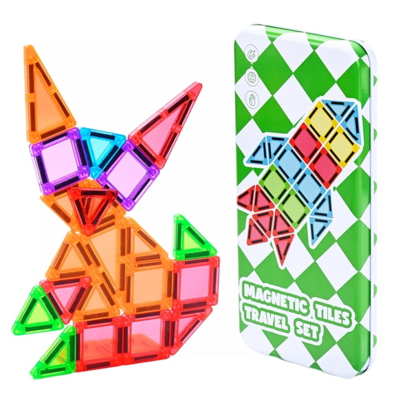 MAGBLOCK 30-Piece Mini Magnetic Building Tiles with Iron Box, Portable STEM Travel Toys for Kids Ages 3+