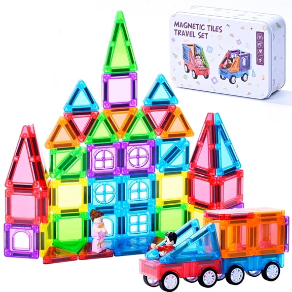 MAGBLOCK 68-Piece Mini Magnetic Building Tiles, Portable Travel Toys for Kids Ages 3-8