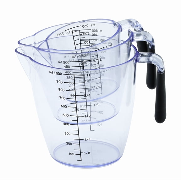 MAGE CRAB Plastic Measuring Cups Set of 3 - Clear Liquid Measuring Cup with Soft Non-Slip Handle, Dual Measurement ML and Cups, Nesting Stackable Baking Tools for Kitchen, 1L, 500ML, 250ML
