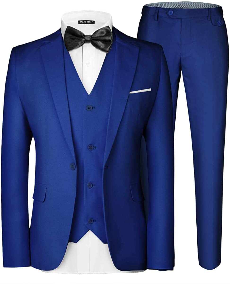 MAGE MALE Men's 3-Piece Slim Fit Suit – Single Button Blazer, Vest & Pants Set With Tie, For Wedding, Business, Party
