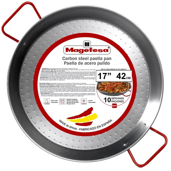 MAGEFESA 17-inch Carbon Steel Paella Pan, 42 cm, Serves 10 – Oven-Safe, Lightweight, with Dimpled Surface, Ideal for Outdoor Cooking